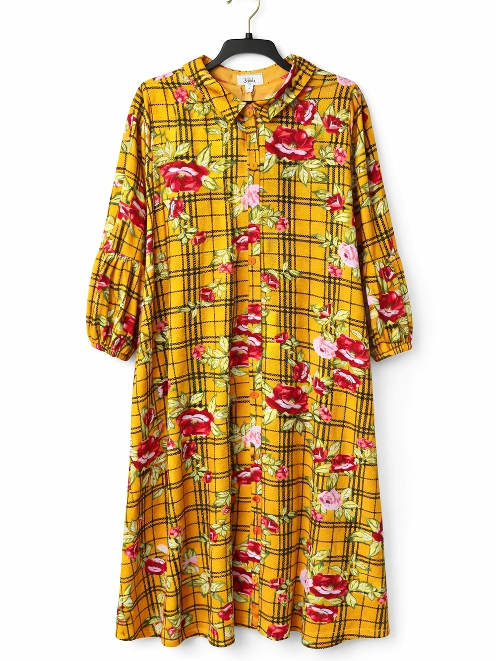 Yellow Plaid Floral Button-Front Dress